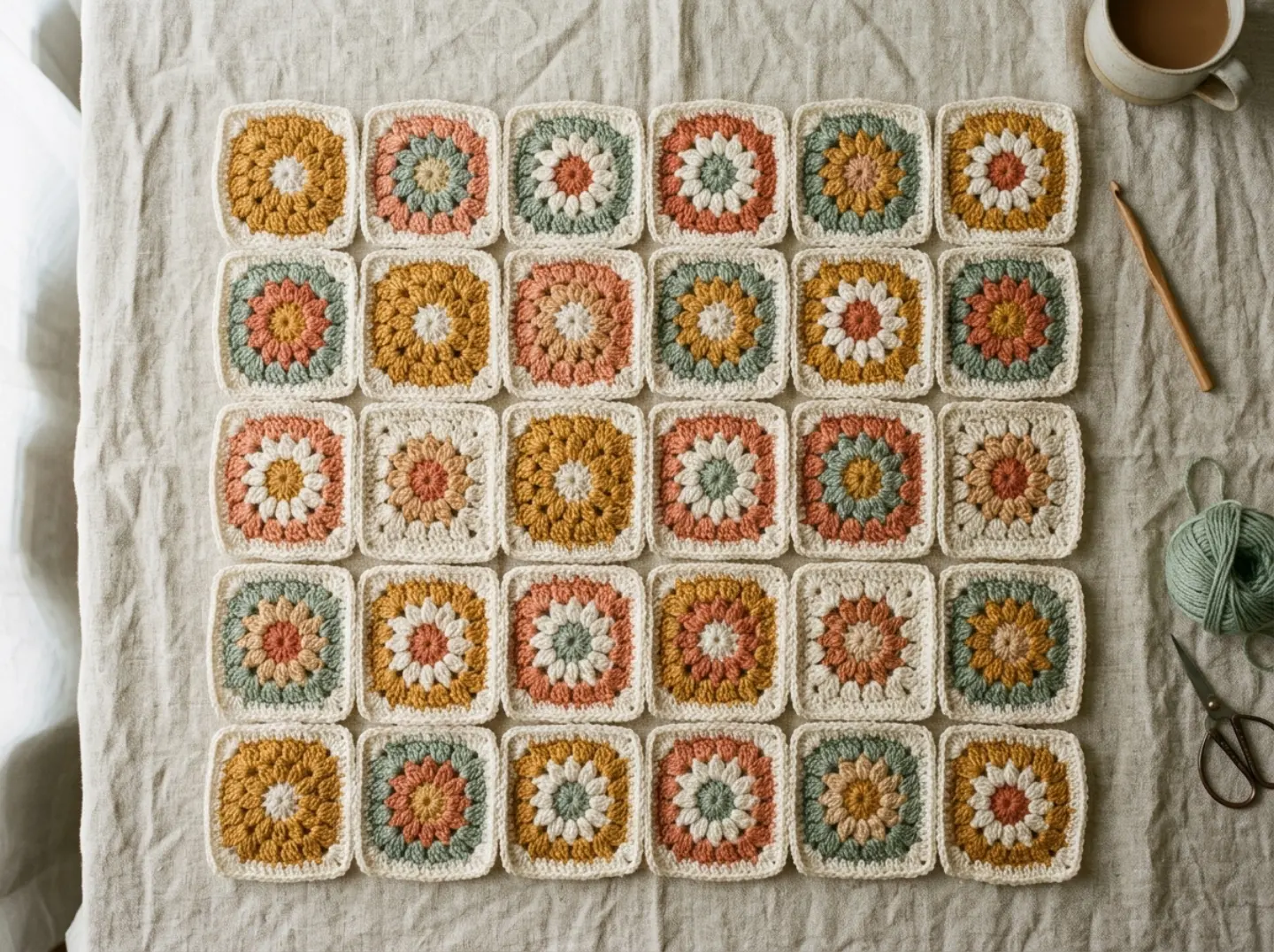 Colourful crochet motifs arranged on linen