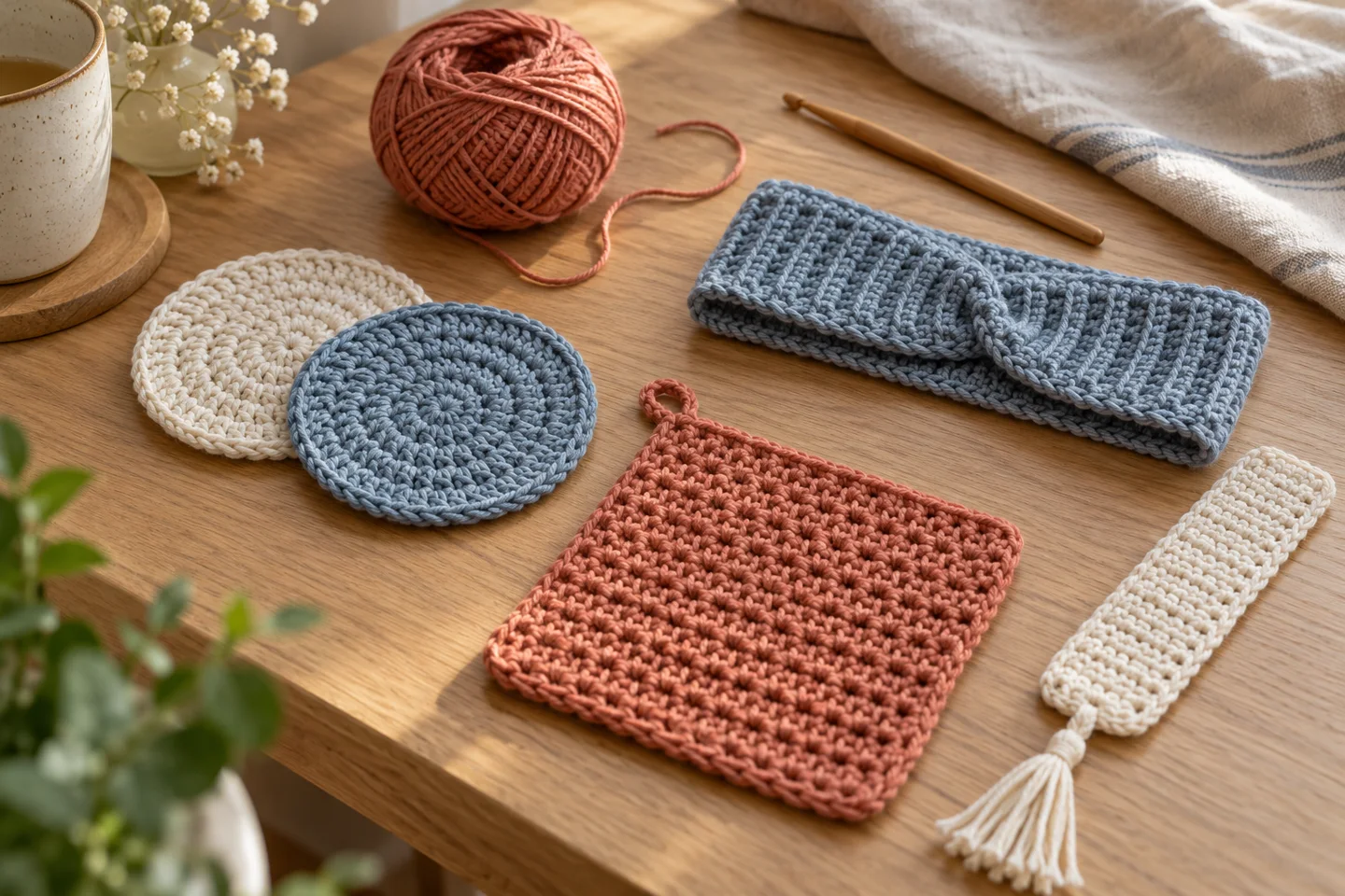 Crochet coasters, a headband, dishcloth and bookmark on a wooden table