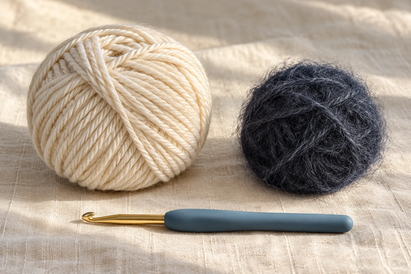 Smooth cream yarn and fuzzy dark yarn beside a blue-handled crochet hook