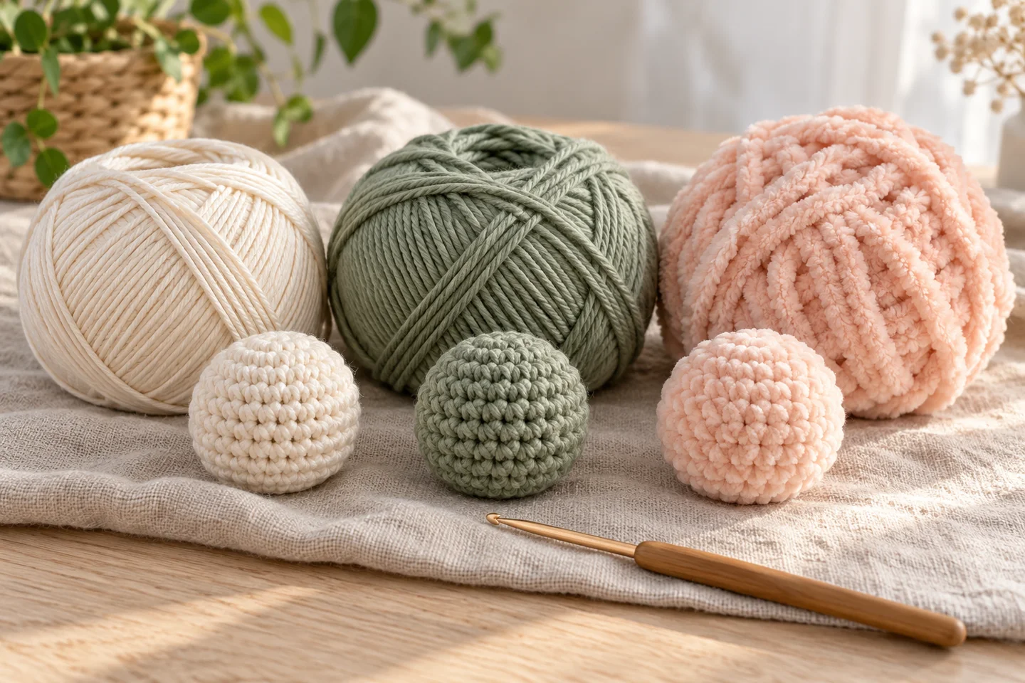 Smooth cotton and plush yarns beside small crocheted spheres