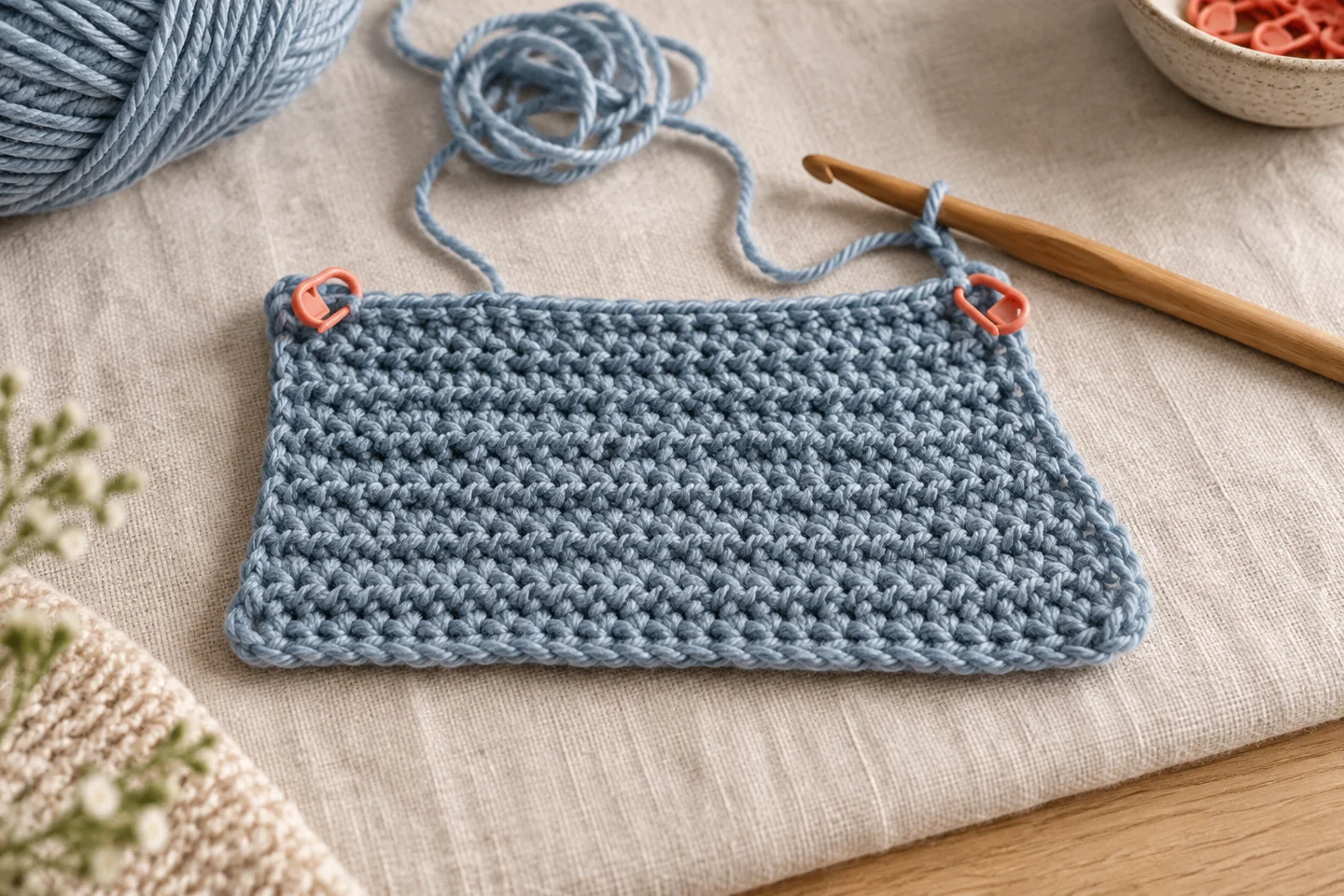 Blue crochet practice swatch with uneven edges and stitch markers