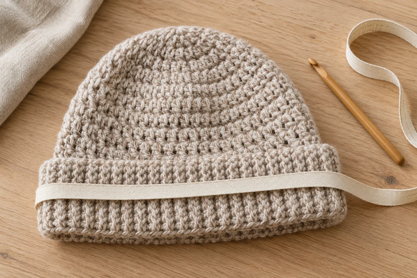 Oatmeal crochet hat with a measuring tape across the brim