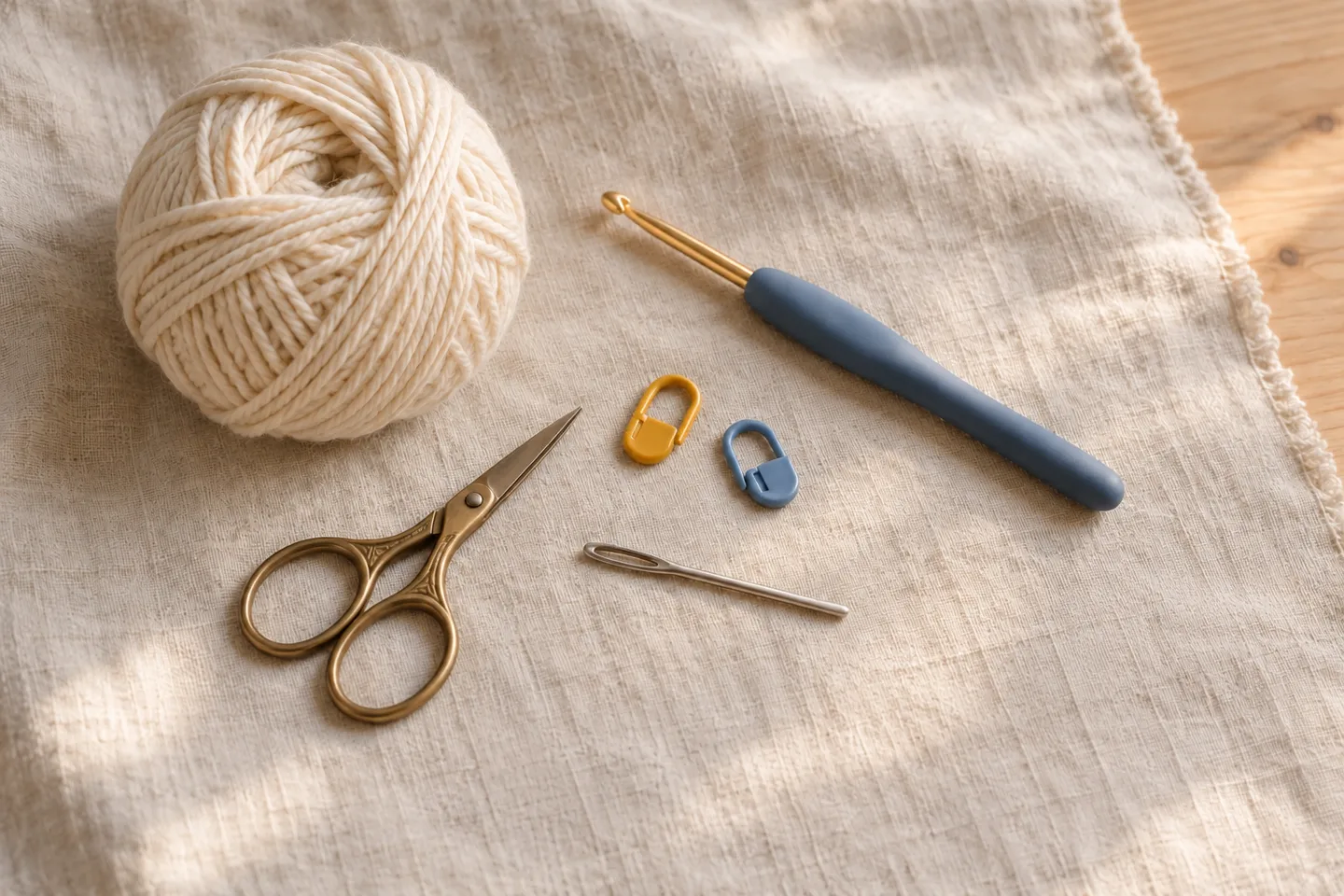 Cream yarn, a blue-handled crochet hook, scissors, a blunt yarn needle and two locking stitch markers on linen
