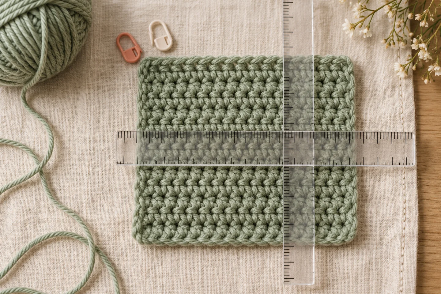 Crochet swatch with two perpendicular rulers for measuring rows and stitches